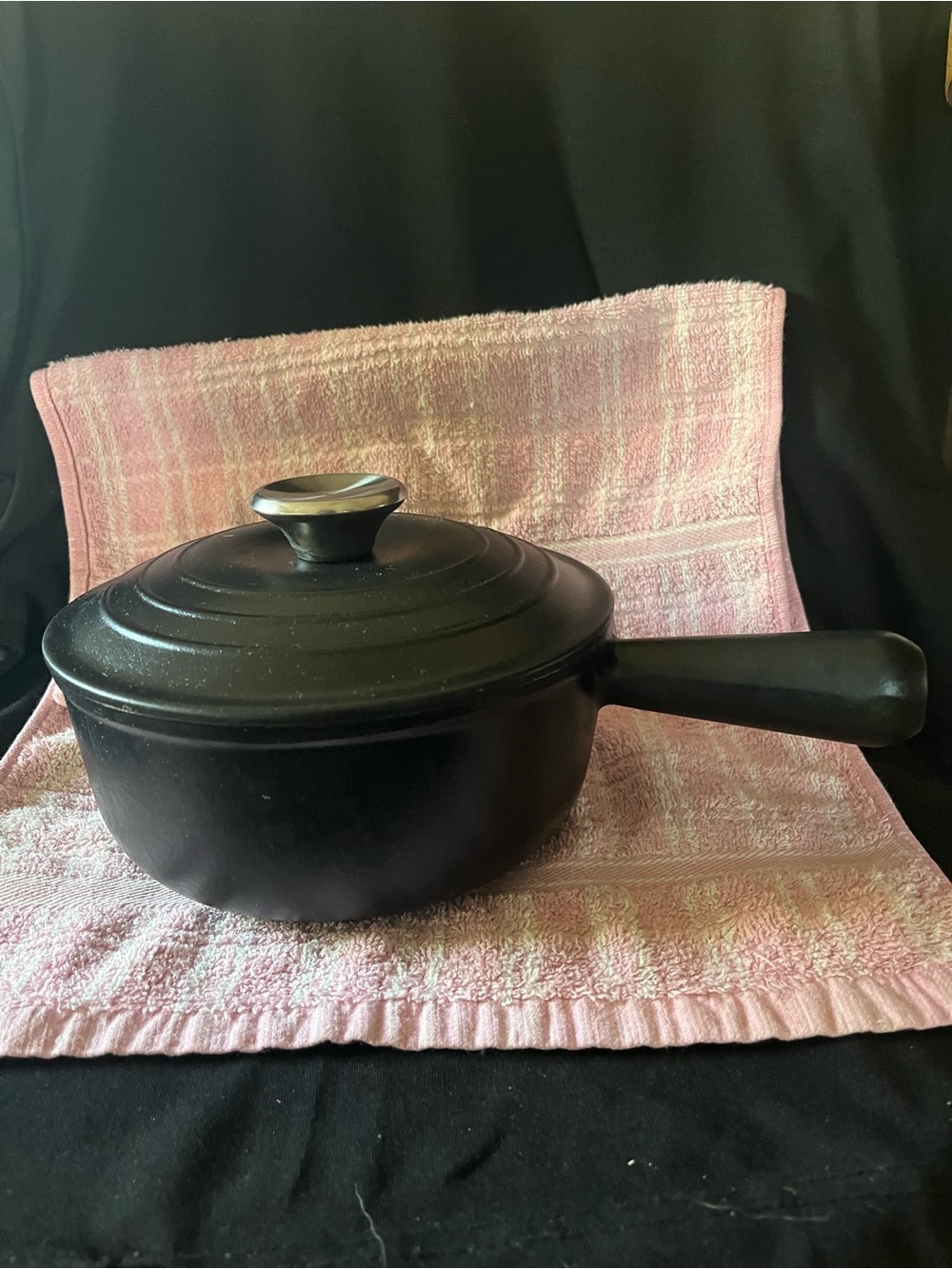 Le Creuset Black Cast Iron Saucepan with Lid - 1 1/2 quart. grade 18.